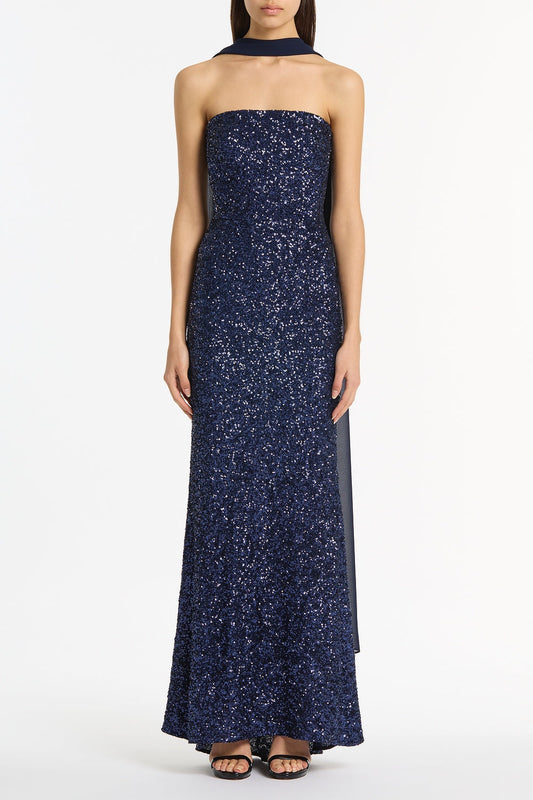 Image of Dresses. Product name - Midnight Crushed Sequin Strapless Gown in Navy colour by brand - Carla Zampatti