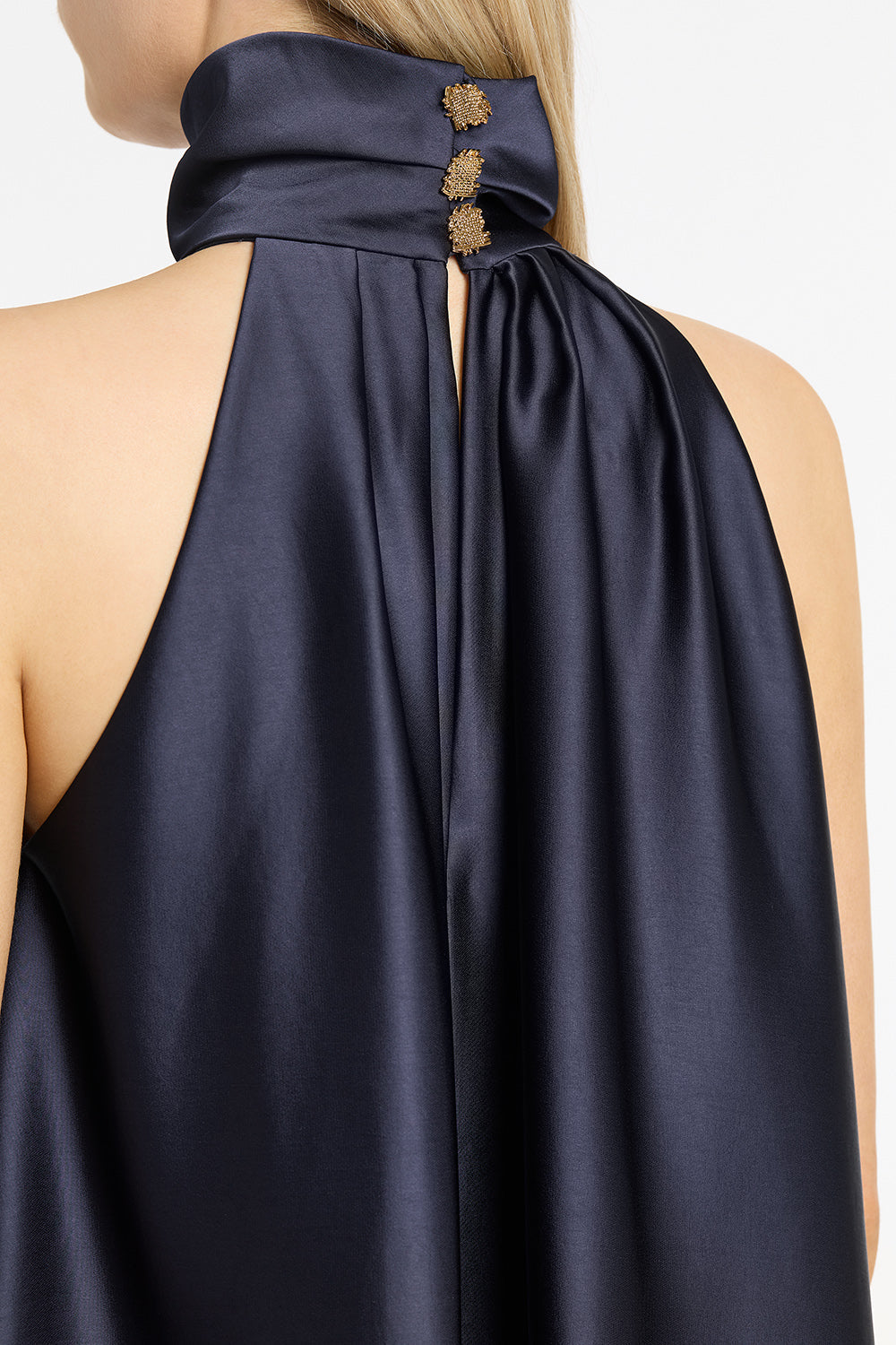 Carla Zampatti Midnight Satin Draped Halter Top (Blue)