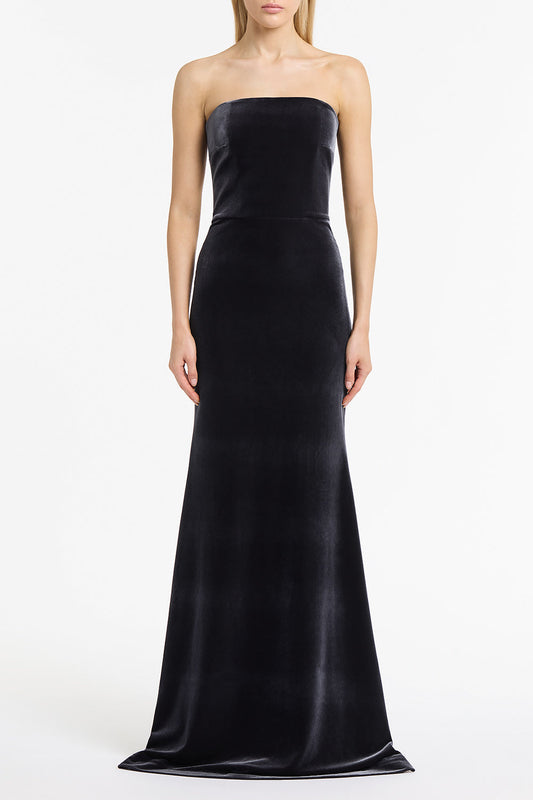 Image of Dresses. Product name - Midnight Velvet Strapless Gown in Blue colour by brand - Carla Zampatti