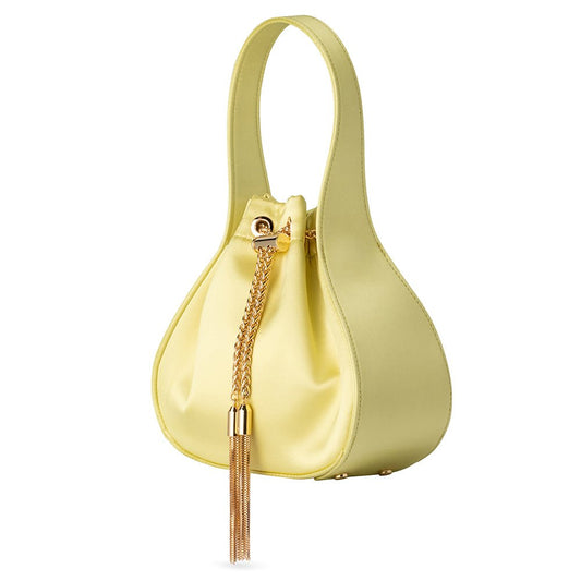 Image of Bags. Product name - MIKI Drawstring Satin Bag in Chartreuse colour by brand - Olga Berg