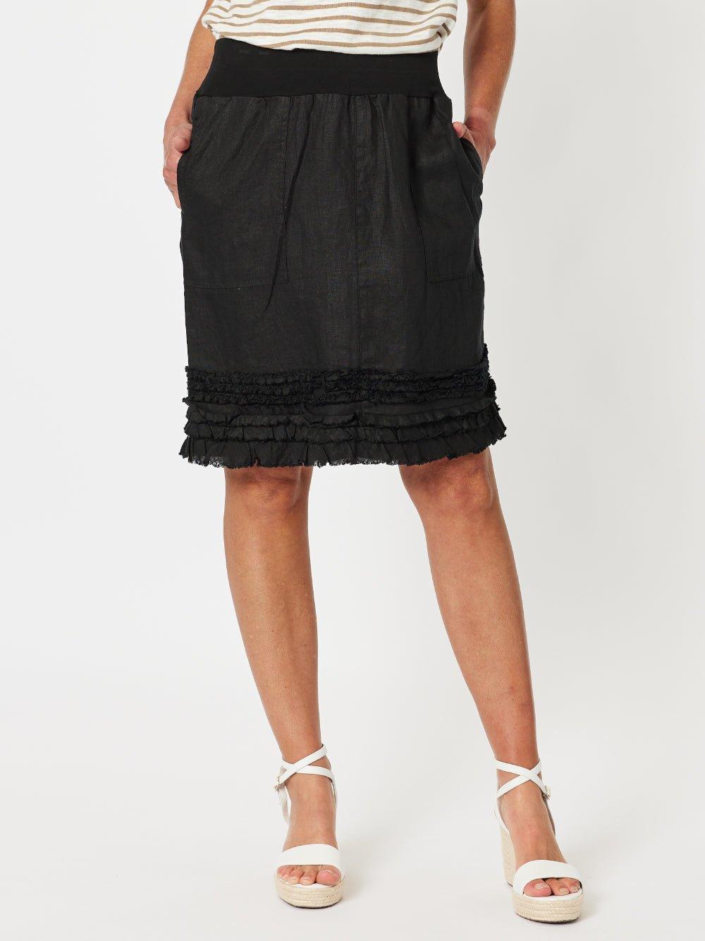 Image of a model wearing Skirts. Product name - Ruffle Hem Skirt Black in Black colour by brand - Gordon Smith