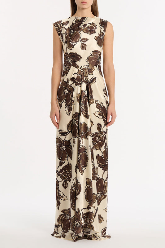 Image of Dresses. Product name - Mocha Bouquet Silk Viscose Cinched Maxi Dress in Brown colour by brand - Carla Zampatti