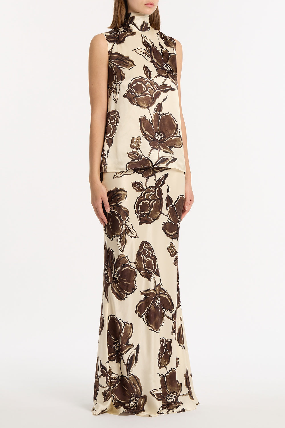 Carla Zampatti Mocha Bouquet Silk Viscose Tie Neck Top (Brown)