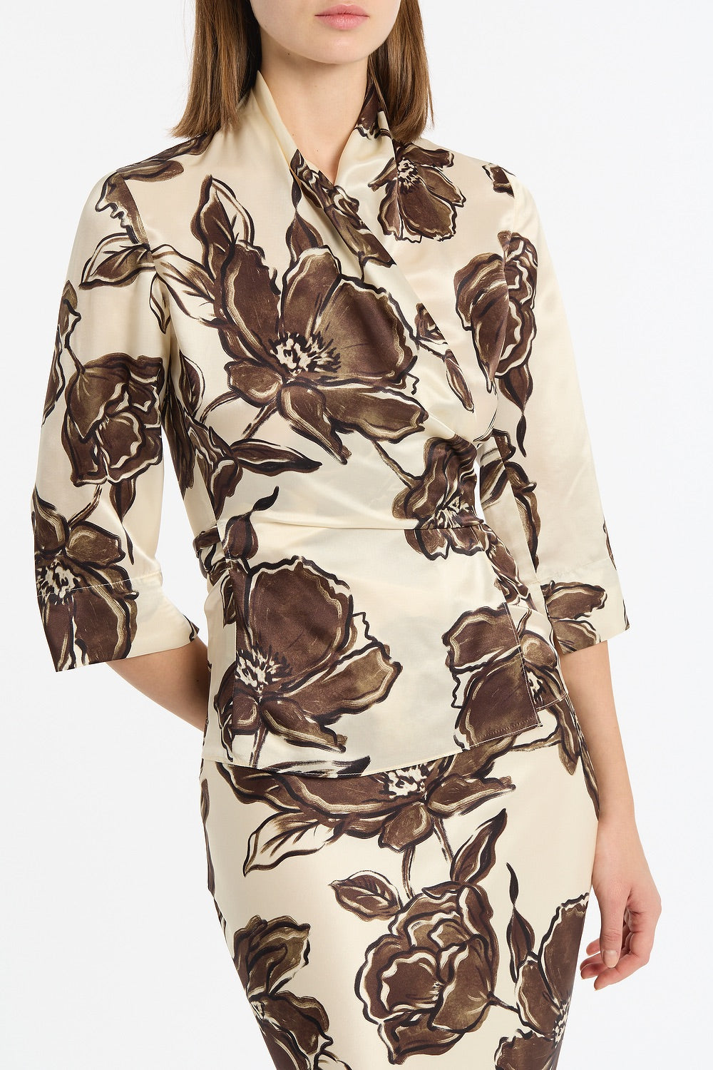 Carla Zampatti Mocha Bouquet Silk Viscose Wrap Top (Brown)