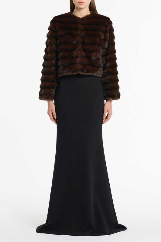 Image of Coats & Jackets. Product name - Mocha Cropped Fur Jacket in Brown colour by brand - Carla Zampatti