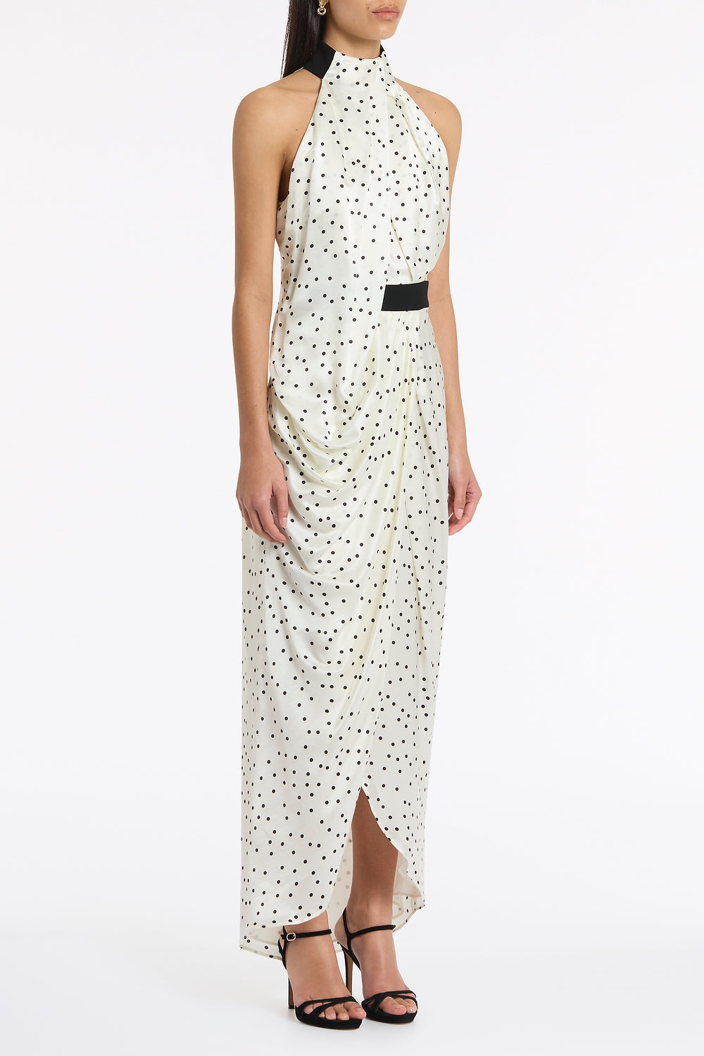 Carla Zampatti Monochrome Dot Silk Viscose Halter Draped Gown (Ivory)