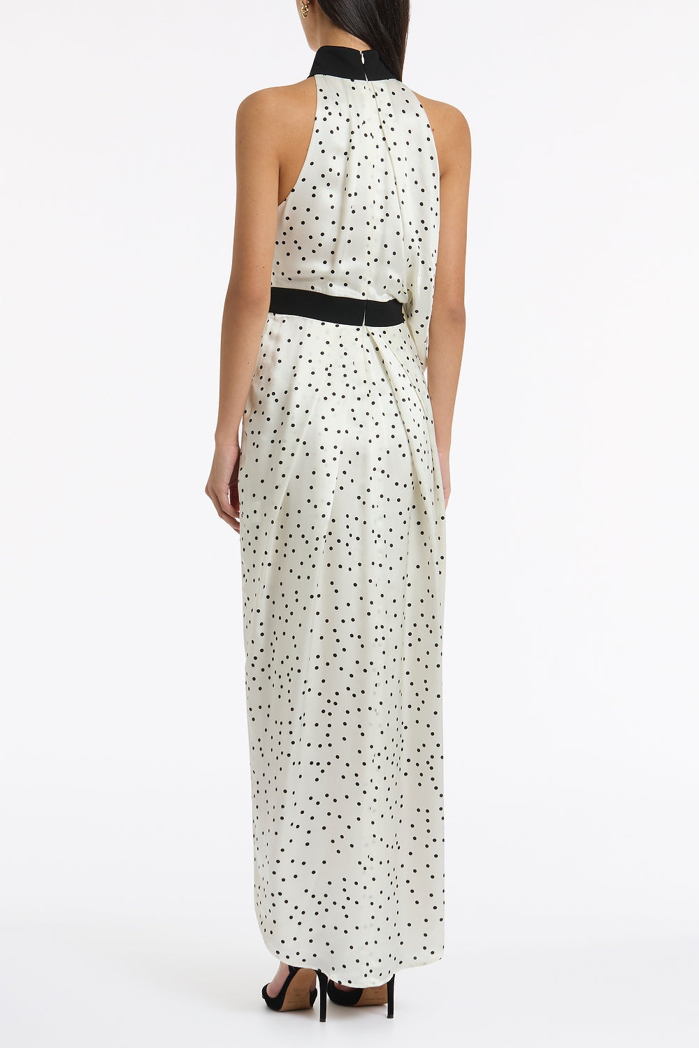 Carla Zampatti Monochrome Dot Silk Viscose Halter Draped Gown (Ivory)
