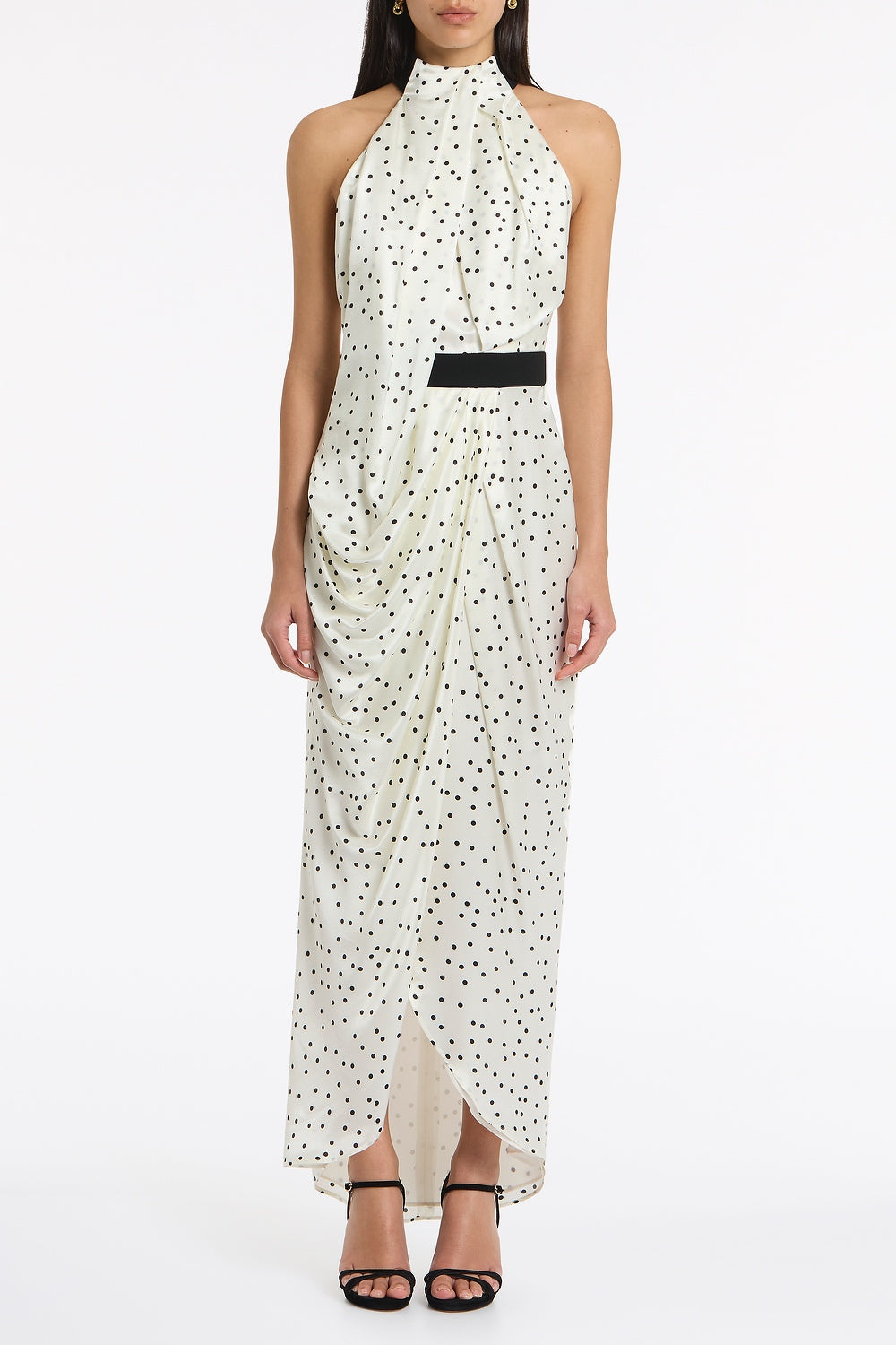 Image of Dresses. Product name - Monochrome Dot Silk Viscose Halter Draped Gown in Ivory colour by brand - Carla Zampatti
