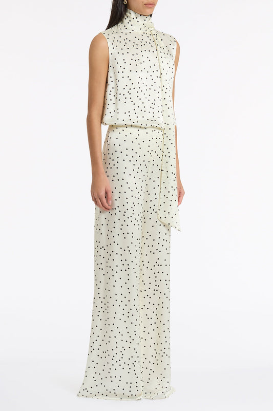 Carla Zampatti Monochrome Dot Silk Viscose Tie Neck Top (Ivory)