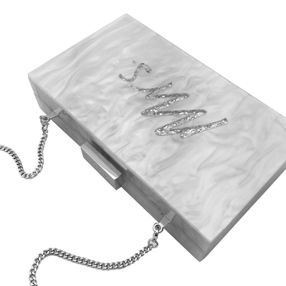 Olga Berg MRS Glitter Acrylic Box Clutch (Silver)
