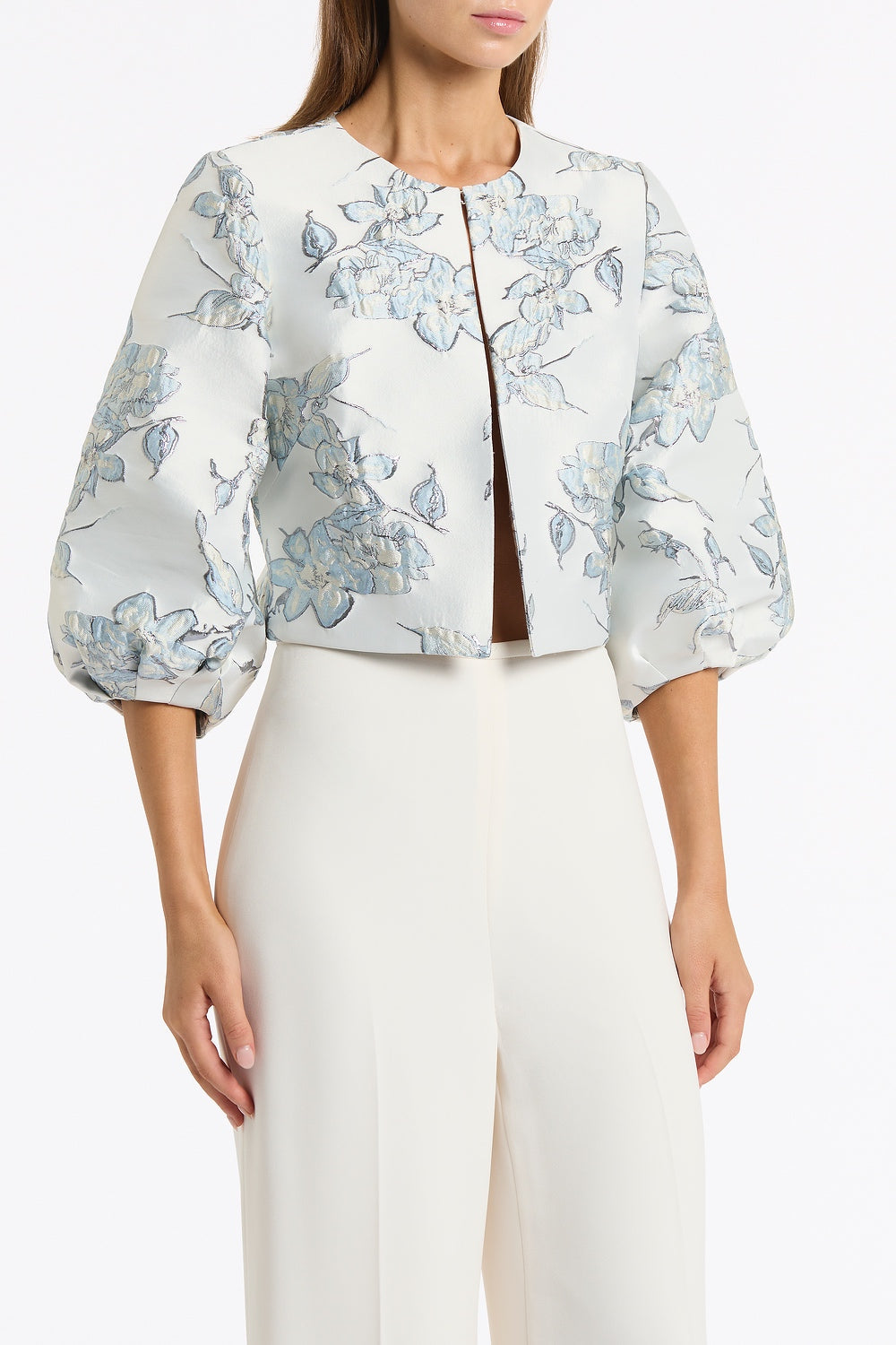 Carla Zampatti Murano Brocade Cropped Puff Sleeve Jacket (White)