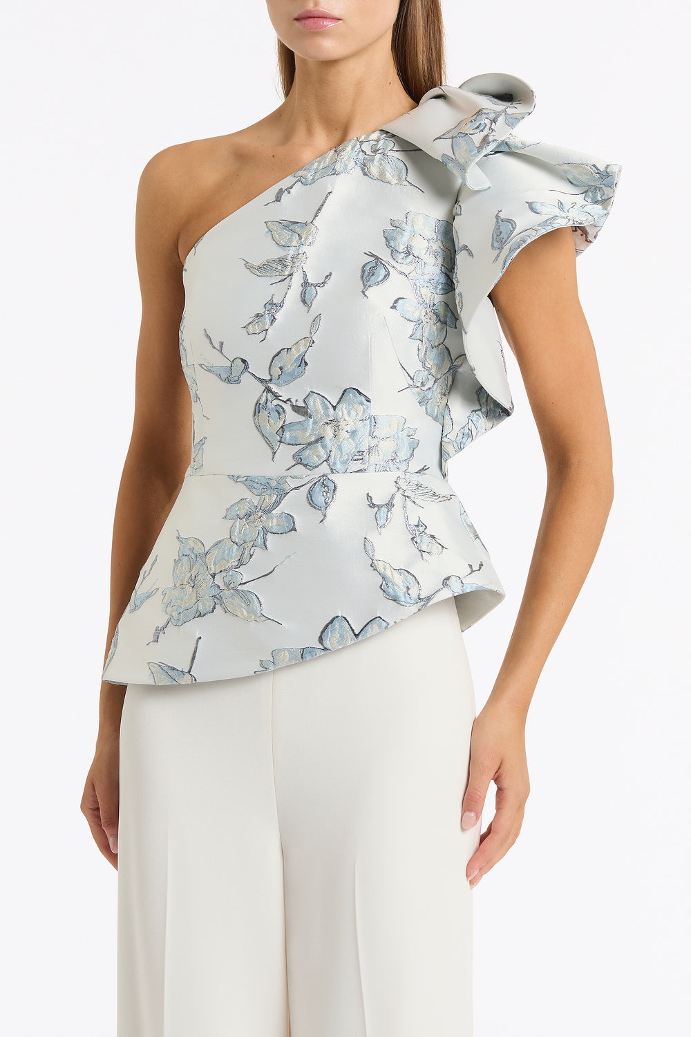 Carla Zampatti Murano Brocade Flounce Shoulder Top (White)