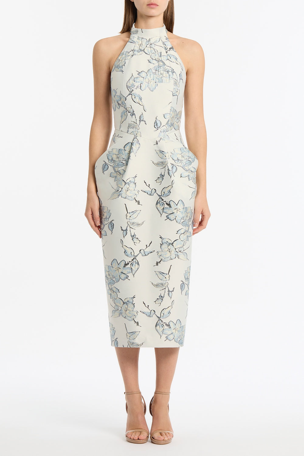 Image of Dresses. Product name - Murano Brocade Halter Neck Midi Dress in White colour by brand - Carla Zampatti
