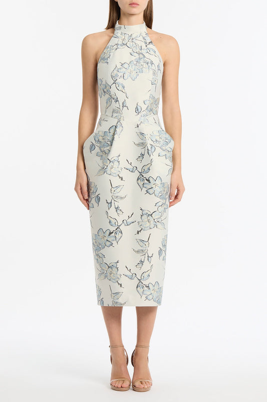 Image of Dresses. Product name - Murano Brocade Halter Neck Midi Dress in White colour by brand - Carla Zampatti
