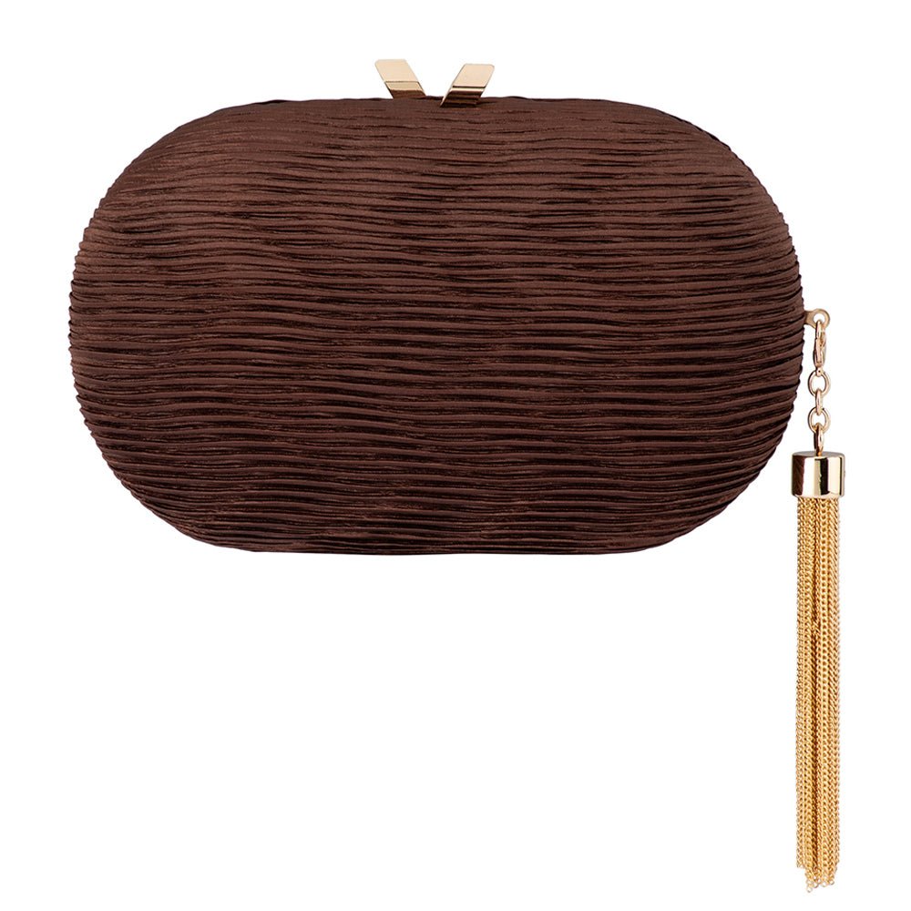 Olga Berg NATALIE Pleated Oval Clutch (Chocolate)