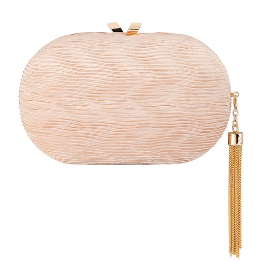 Image of Bags. Productname: NATALIE Pleated Oval Clutch in Champagne colour by brand - Olga Berg