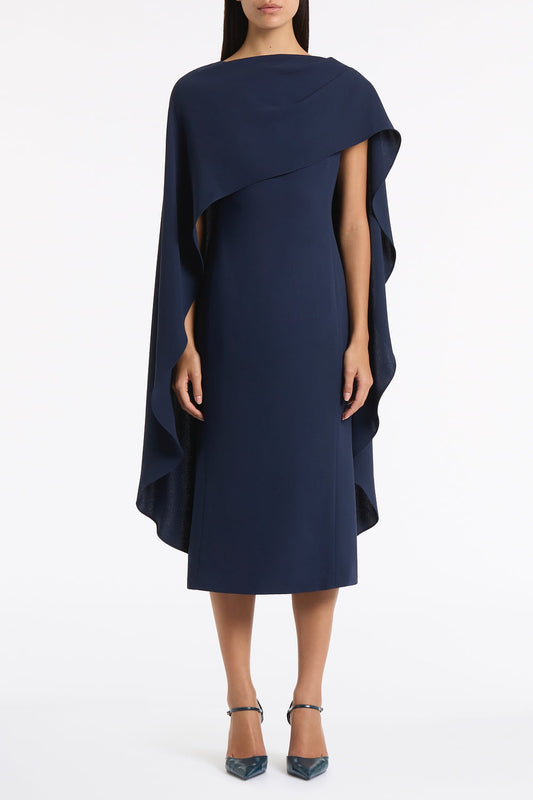Image of Dresses. Product name - Navy Crepe Cape Midi Dress in Navy colour by brand - Carla Zampatti