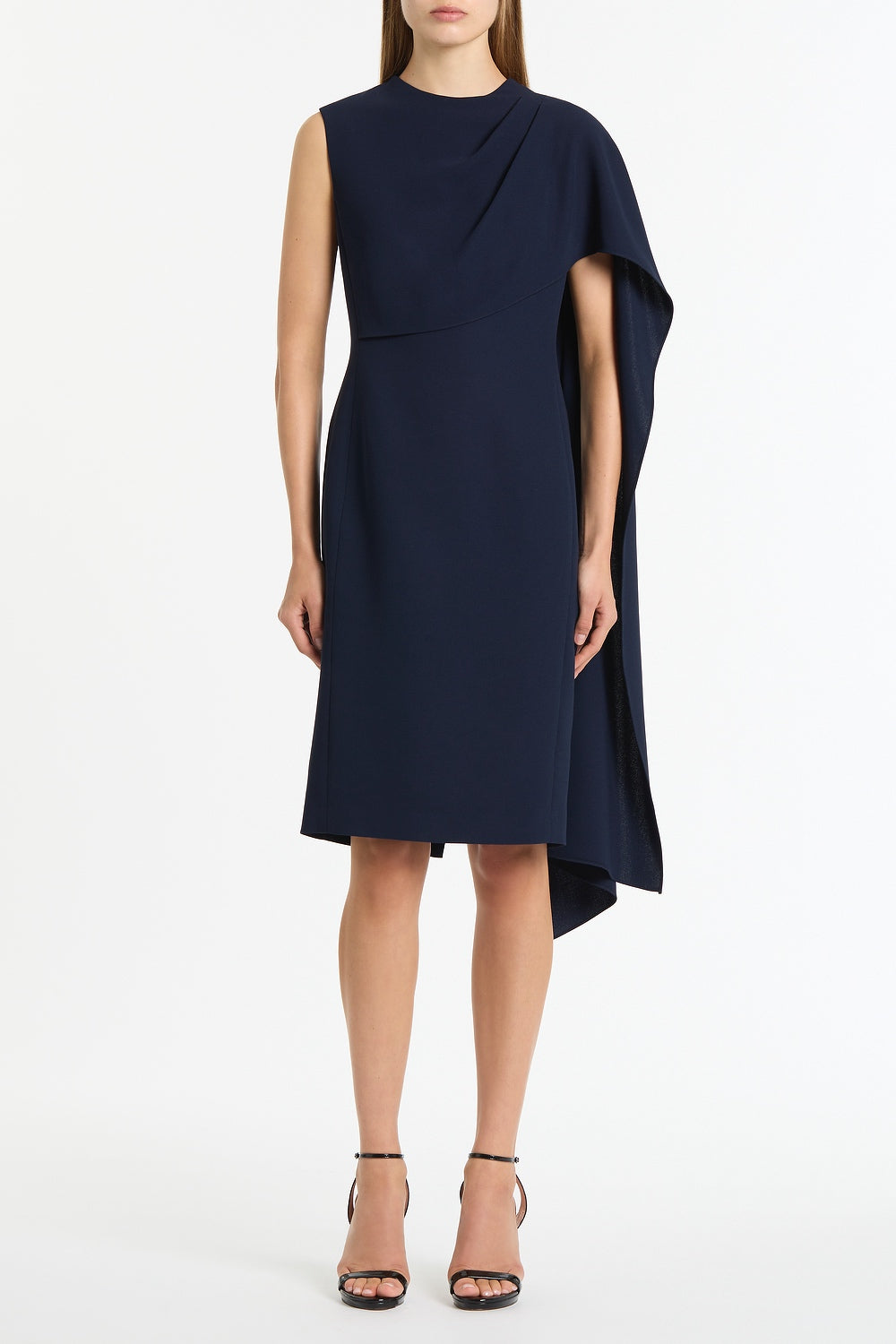 Image of Dresses. Product name - Navy Crepe Cascade Dress in Navy colour by brand - Carla Zampatti