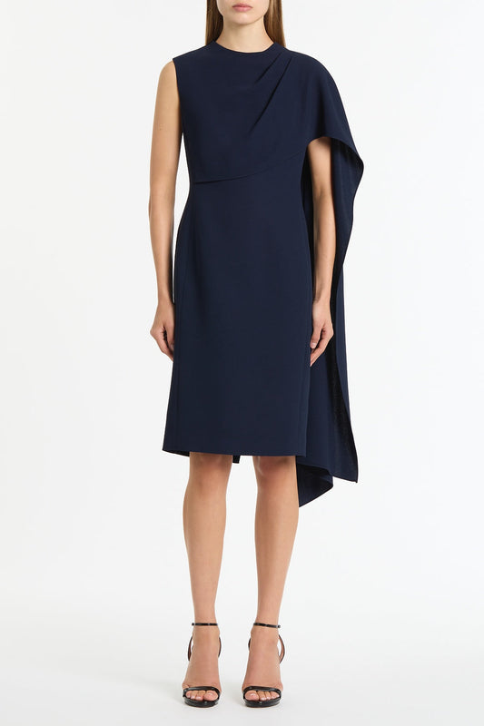 Image of Dresses. Product name - Navy Crepe Cascade Dress in Navy colour by brand - Carla Zampatti