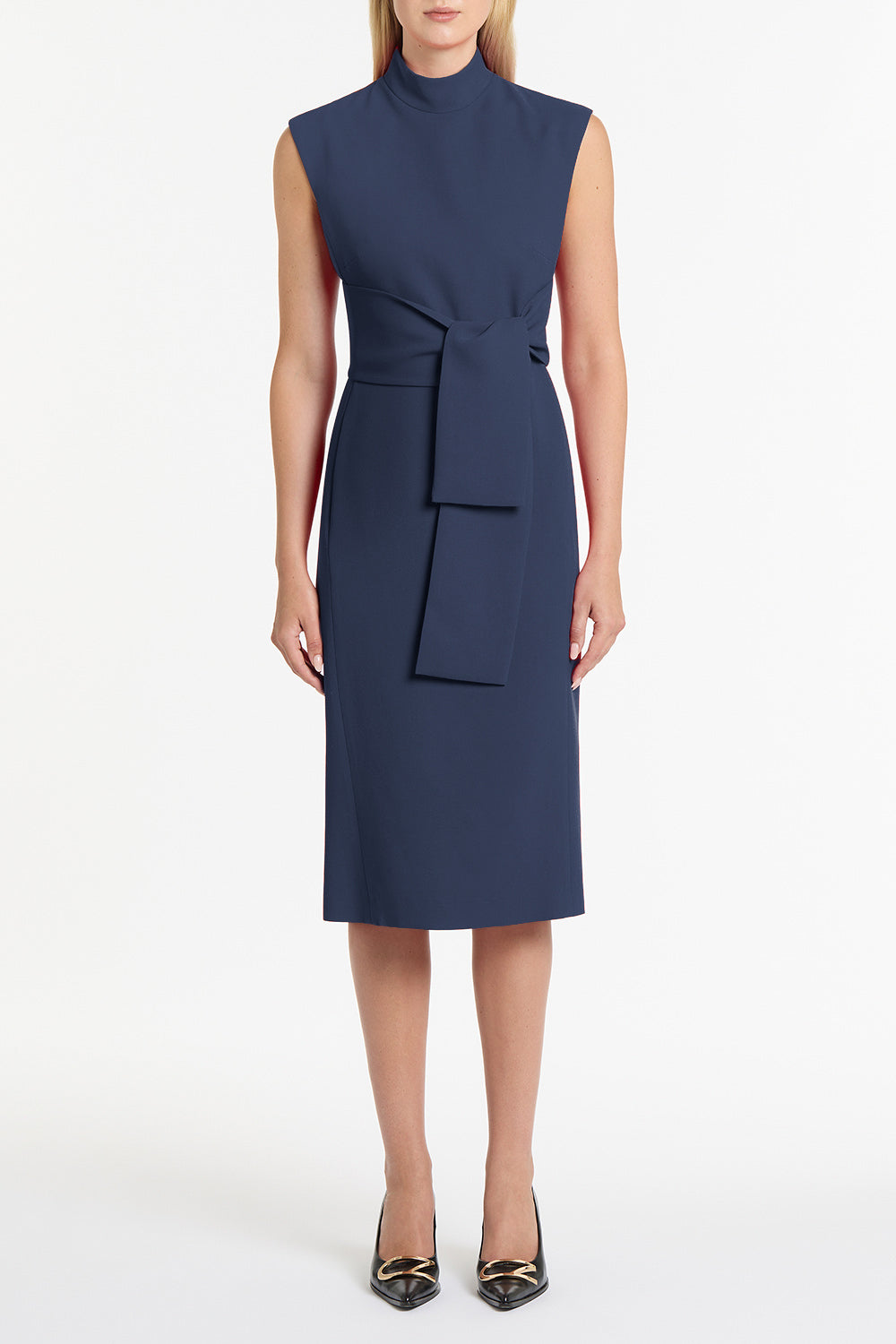 Image of Dresses. Product name - Navy Crepe Striscia Dress in Navy colour by brand - Carla Zampatti