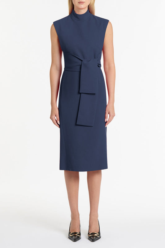 Image of Dresses. Product name - Navy Crepe Striscia Dress in Navy colour by brand - Carla Zampatti