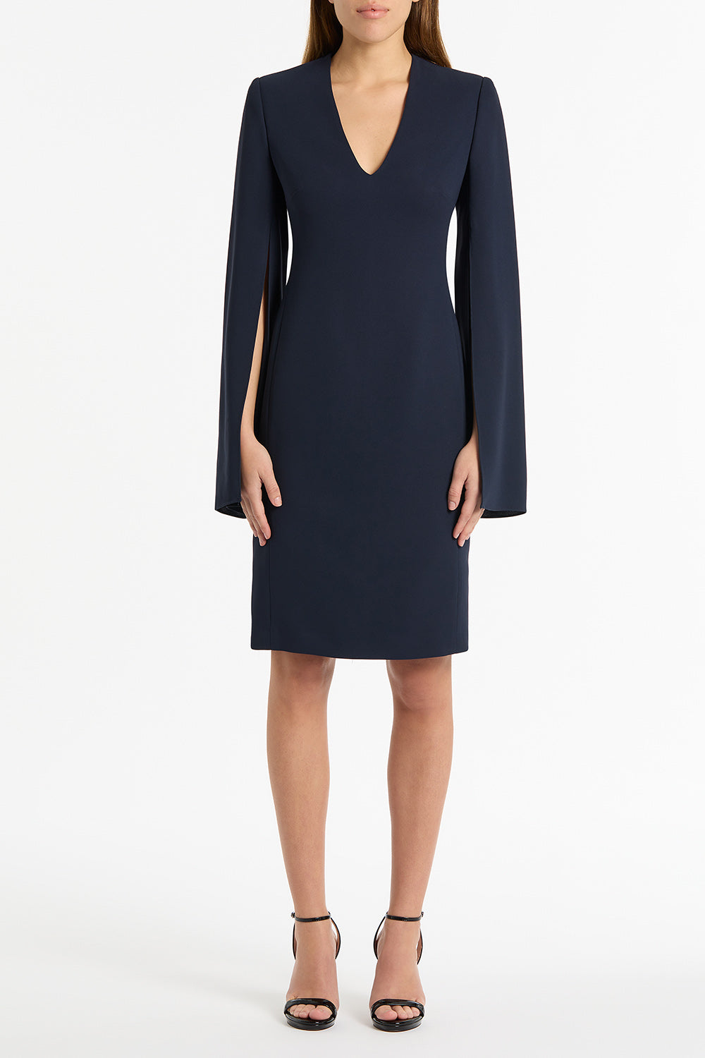 Image of Dresses. Product name - Navy Crepe V-Neck Lovero Dress in Navy colour by brand - Carla Zampatti