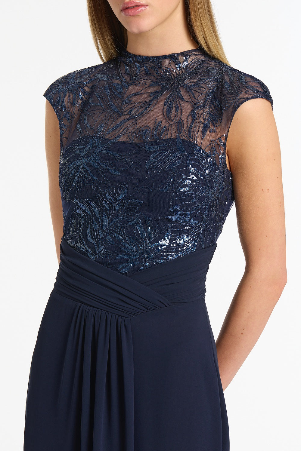 Carla Zampatti Floral Mesh Drape Gown (Navy)