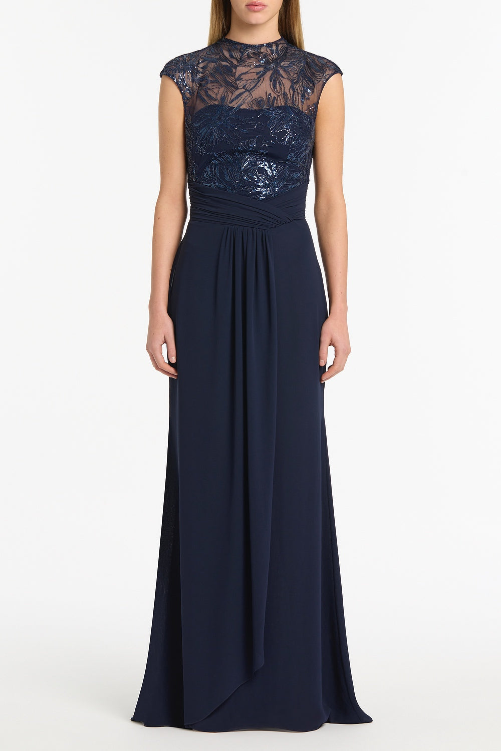 Image of Dresses. Product name - Navy Floral Mesh Drape Gown in Navy colour by brand - Carla Zampatti