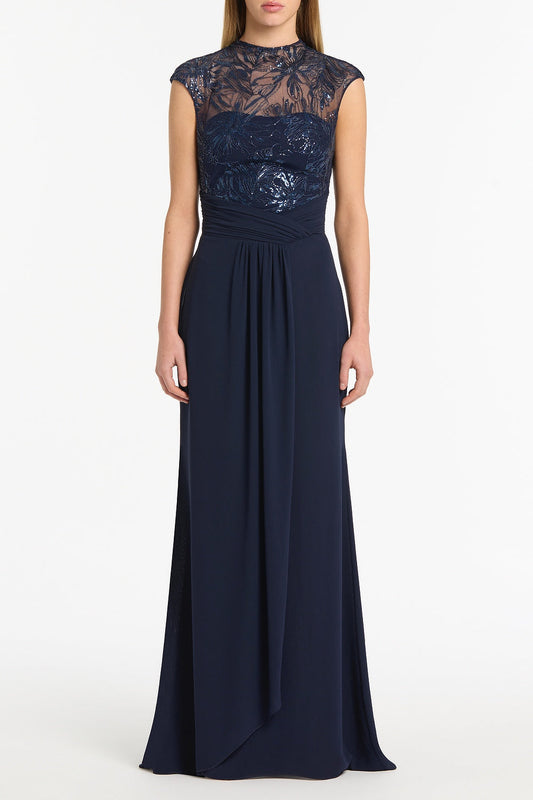 Image of Dresses. Product name - Navy Floral Mesh Drape Gown in Navy colour by brand - Carla Zampatti