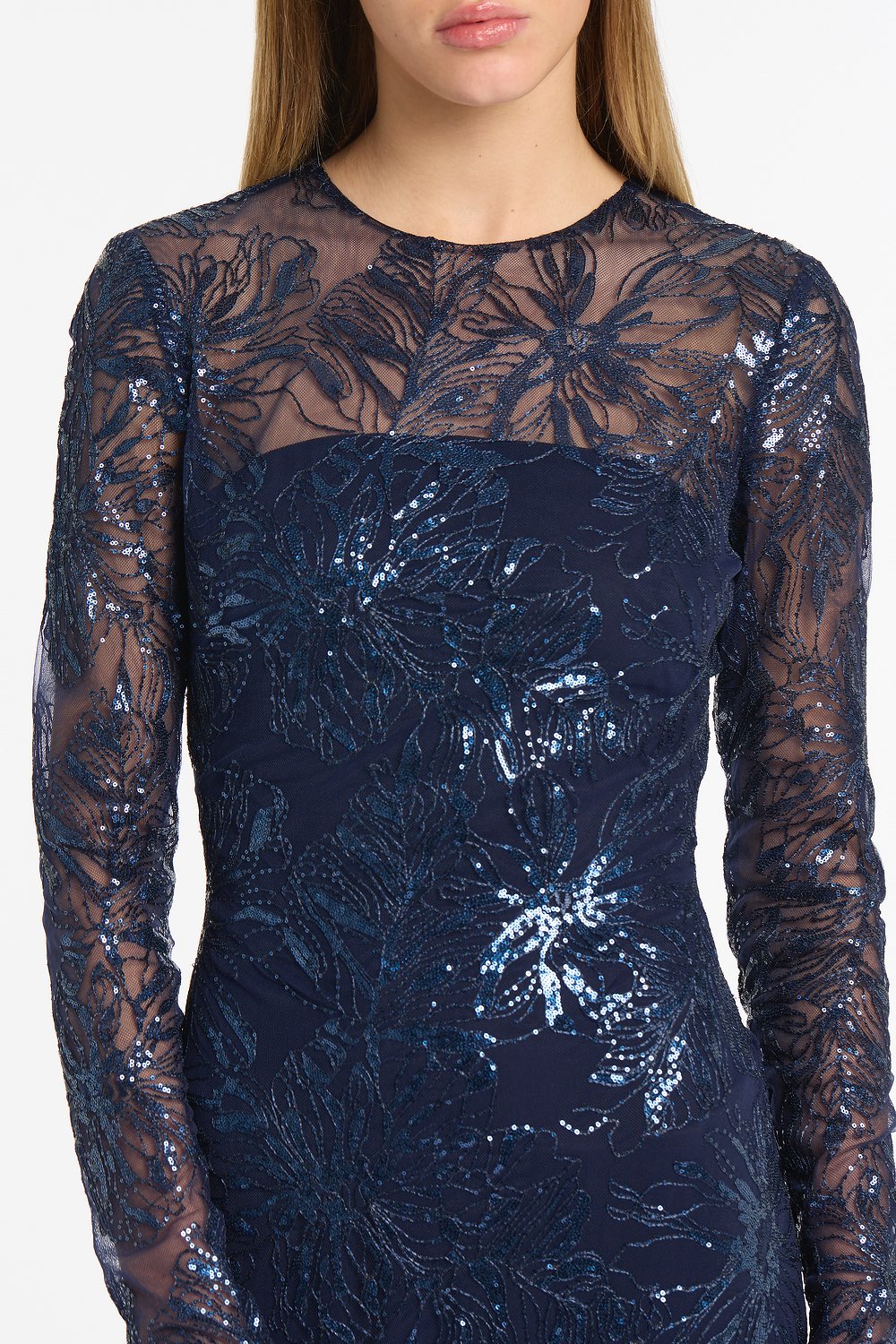 Carla Zampatti Floral Mesh Long Sleeve Gown (Navy)