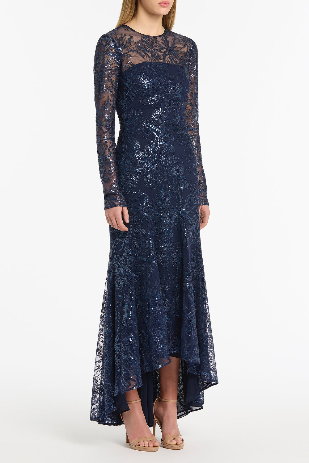 Carla Zampatti Floral Mesh Long Sleeve Gown (Navy)
