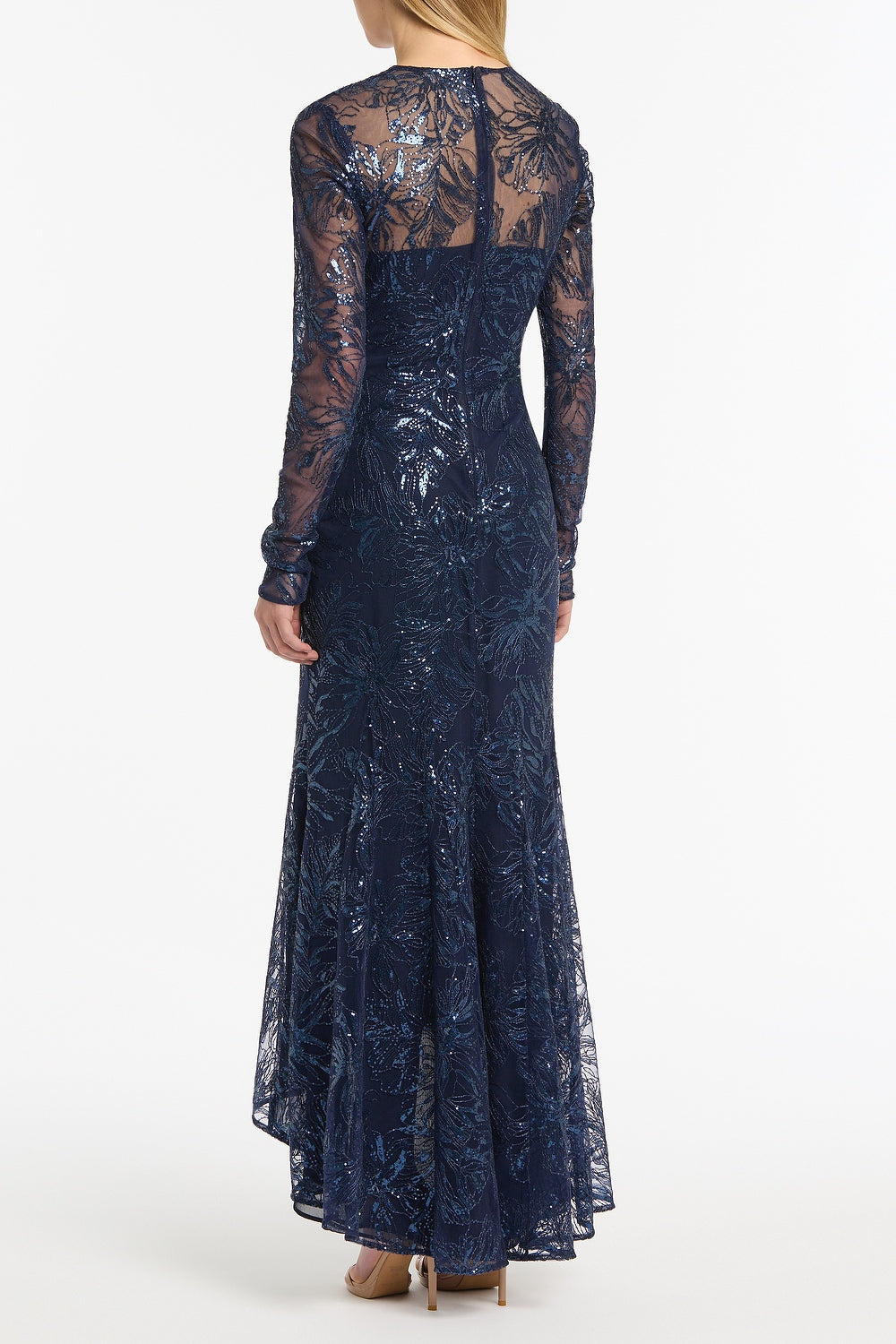 Carla Zampatti Floral Mesh Long Sleeve Gown (Navy)