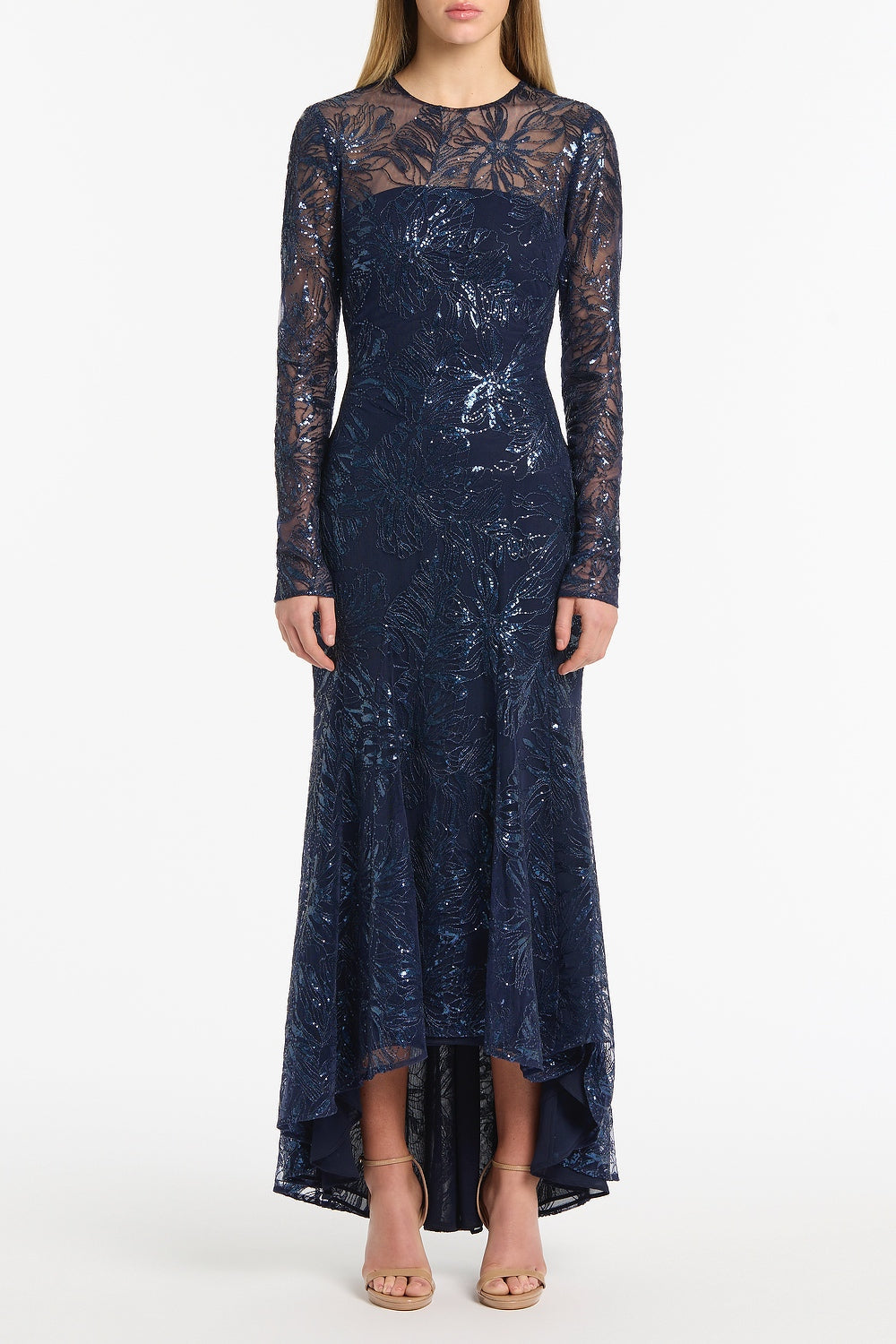 Image of Dresses. Product name - Navy Floral Mesh Long Sleeve Gown in Navy colour by brand - Carla Zampatti