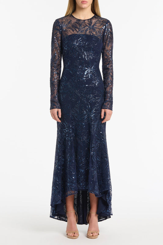 Image of Dresses. Product name - Navy Floral Mesh Long Sleeve Gown in Navy colour by brand - Carla Zampatti