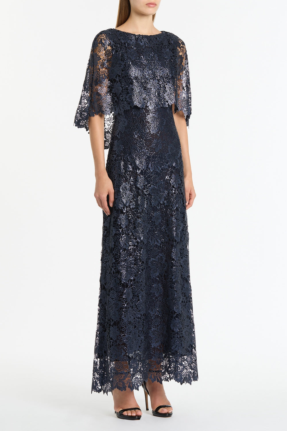 Carla Zampatti Foiled Lace Cape Gown (Navy)