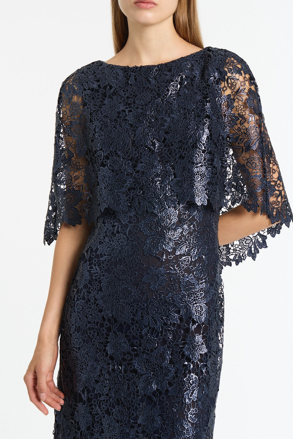 Carla Zampatti Foiled Lace Cape Gown (Navy)