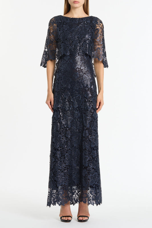 Image of Dresses. Product name - Navy Foiled Lace Cape Gown in Navy colour by brand - Carla Zampatti