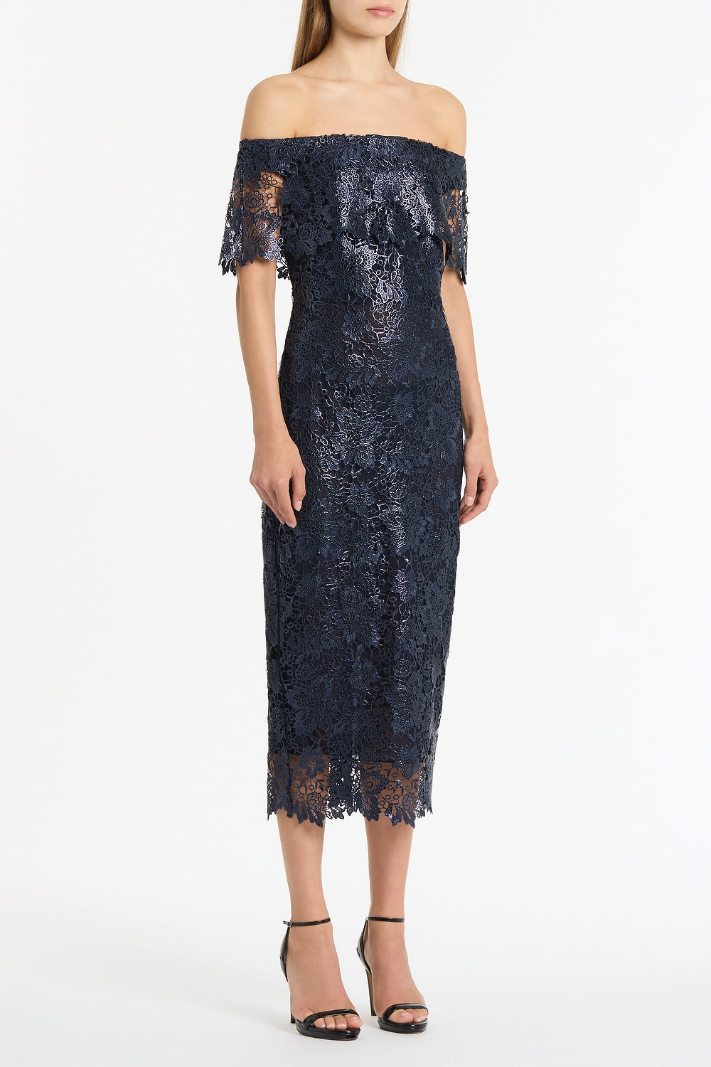 Carla Zampatti Foiled Lace Off-Shoulder Dress (Navy)
