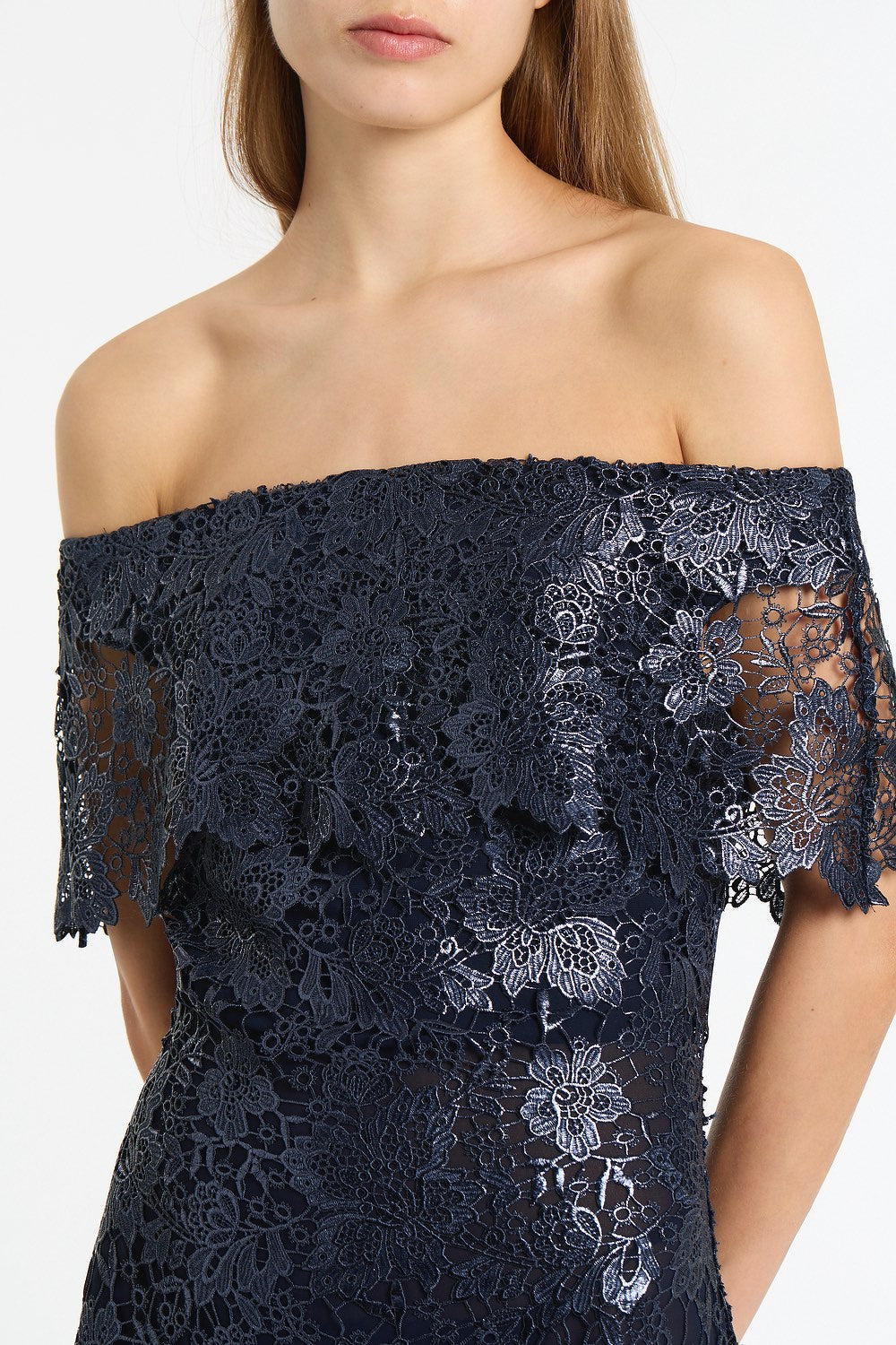 Carla Zampatti Foiled Lace Off-Shoulder Dress (Navy)