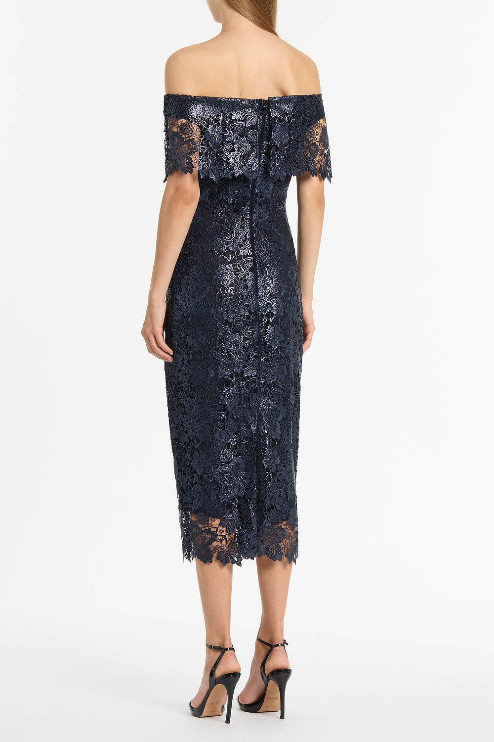 Carla Zampatti Foiled Lace Off-Shoulder Dress (Navy)