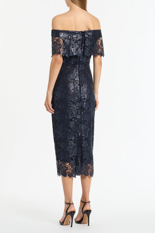 Carla Zampatti Foiled Lace Off-Shoulder Dress (Navy)