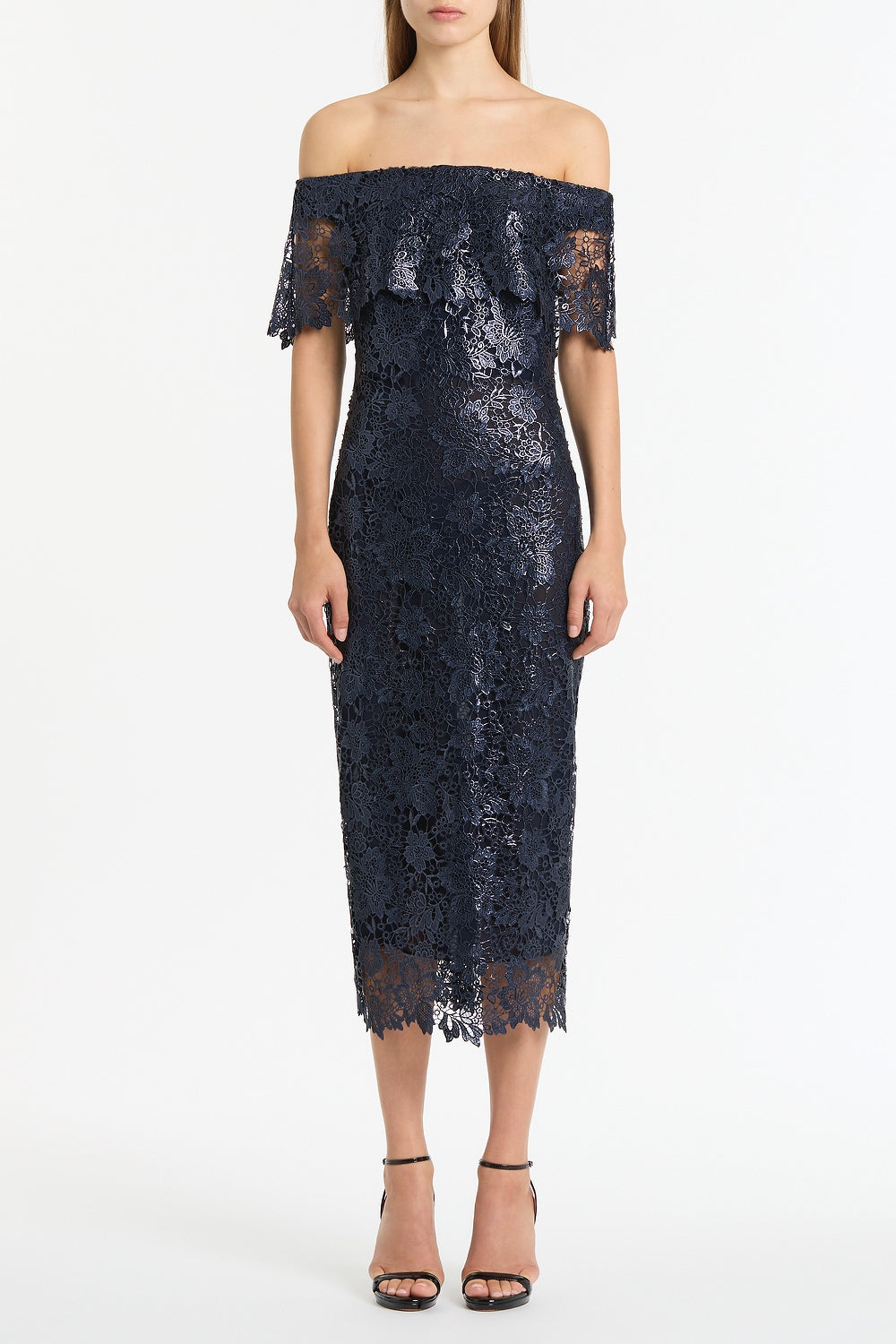 Image of Dresses. Product name - Navy Foiled Lace Off-Shoulder Dress in Navy colour by brand - Carla Zampatti