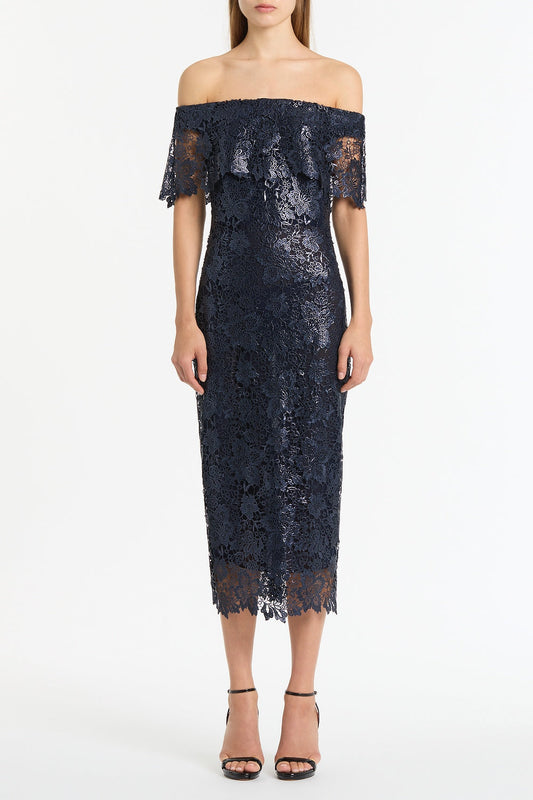 Image of Dresses. Product name - Navy Foiled Lace Off-Shoulder Dress in Navy colour by brand - Carla Zampatti