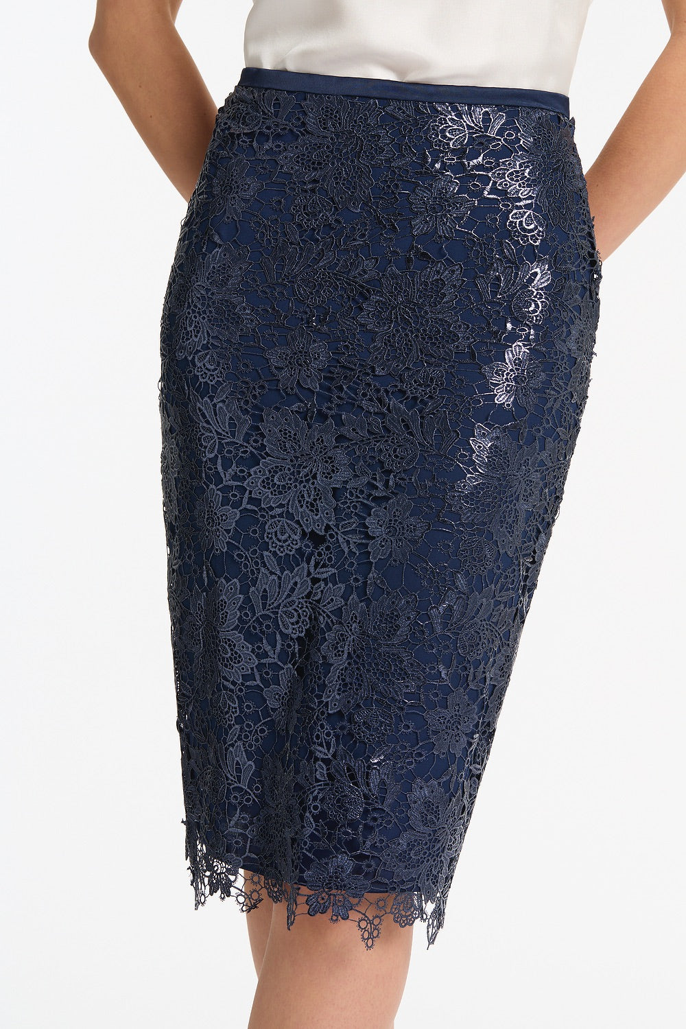 Carla Zampatti Foiled Lace Pencil Skirt (Navy)