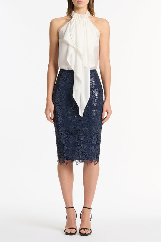 Image of a model wearing Skirts. Product name - Navy Foiled Lace Pencil Skirt in Navy colour by brand - Carla Zampatti