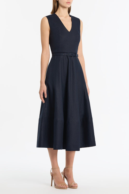 Carla Zampatti Linen Belted Midi Dress (Navy)