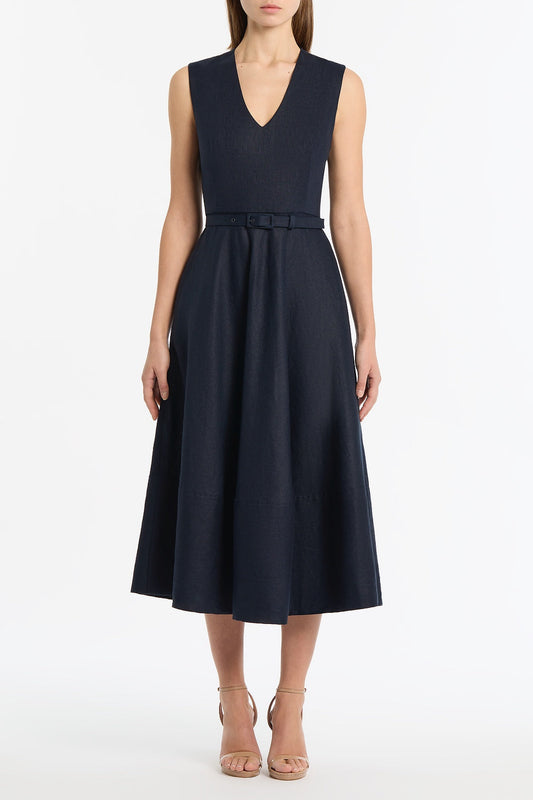 Image of Dresses. Product name - Navy Linen Belted Midi Dress in Navy colour by brand - Carla Zampatti