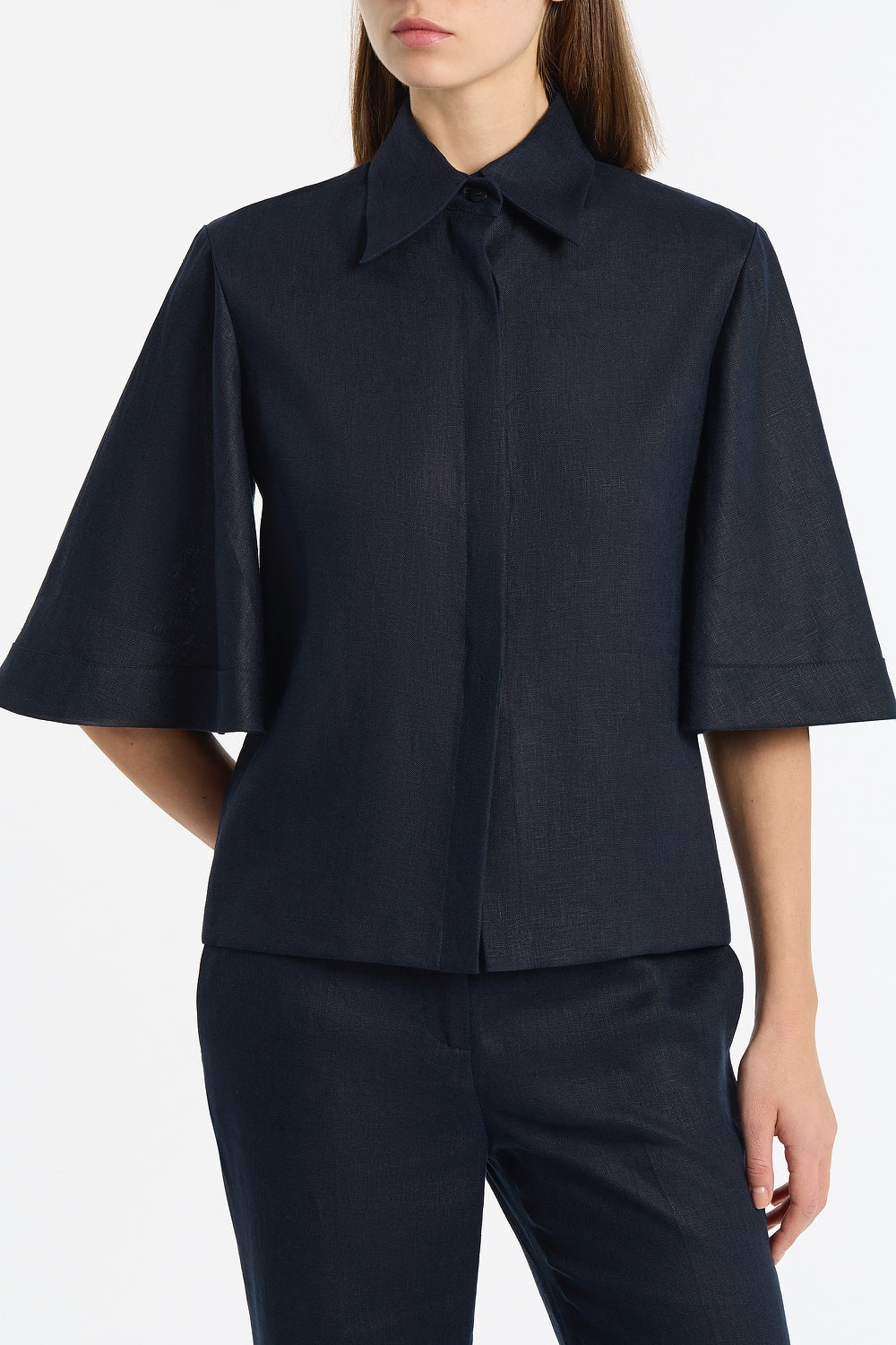Carla Zampatti Linen Short Sleeve Shirt (Navy)