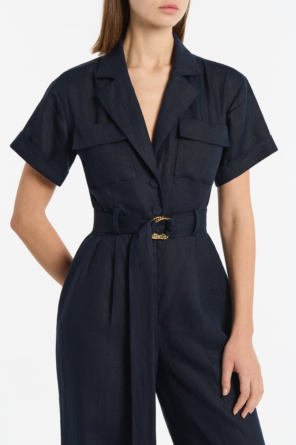 Carla Zampatti Linen Utility Belted Jumpsuit (Navy)