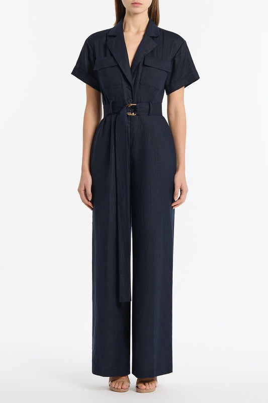 Image of Bodysuits. Product name - Navy Linen Utility Belted Jumpsuit in Navy colour by brand - Carla Zampatti